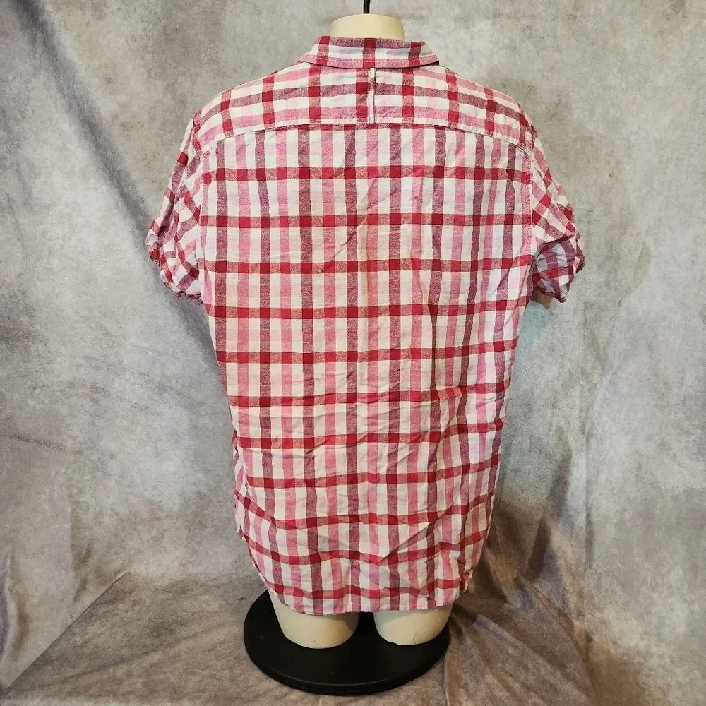 Men's Banana Republice Red Checkered Button‎ Down Linen Blend Shirt Size Large